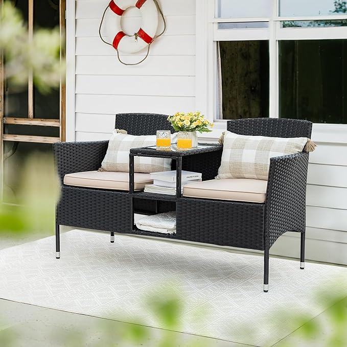 Flamaker Outdoor Furniture Patio Loveseat Wicker 2-Seat with Built-in Table and Cushions Rattan Porch Chairs Bench for - Photo 2