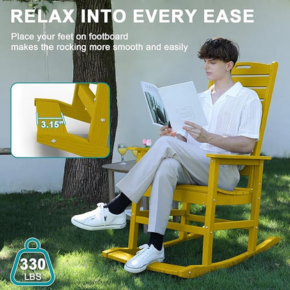 PLUUV Outdoor Rocking Chair with Removable Footboard for Adults, HDPE High Back Patio Rocking Chairs, 330lbs All Weather Porch Rocking Chairs for Outdoor & Indoor -Yellow