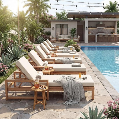 Outdoor Chaise Lounge Chair Set of 3, Patio Chaise Lounge Recliner with Adjustable Backrest, Acacia Wood Poolside Chaise Lounge with Thick All-Weather Cushions for Patio, Deck and Backyard(B)