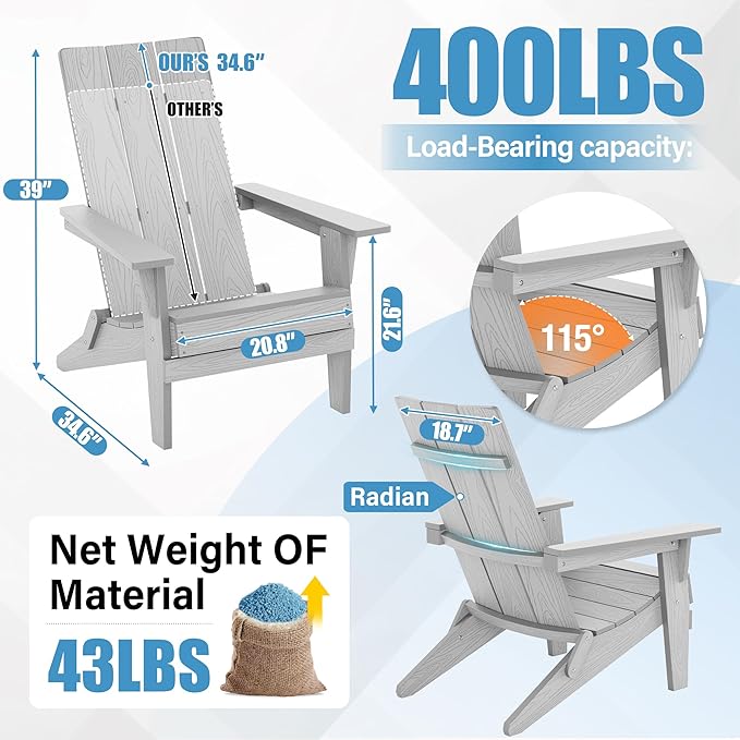YEFU Adirondack Chairs Oversize Folding :400lb Weight Capacity - Plastic Adirondack Chairs - High Back Modern Like Wooden - All-Weather Use for Outdoor/Patio/Fire Pit/Garden/Camping - (Grey)