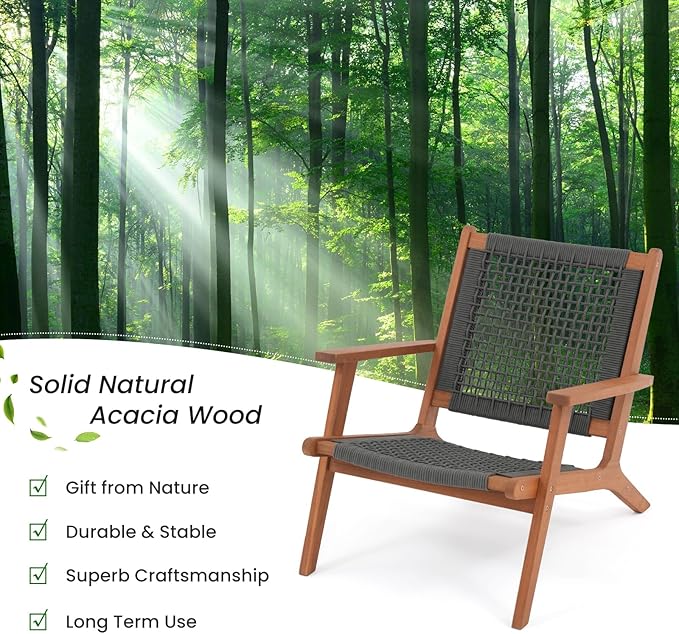 Verano Garden Modern Acacia Wood Lounge Chair Set of 2, Accent Armchair with Handwoven Rope for Living Room, Bedroom - Photo 6