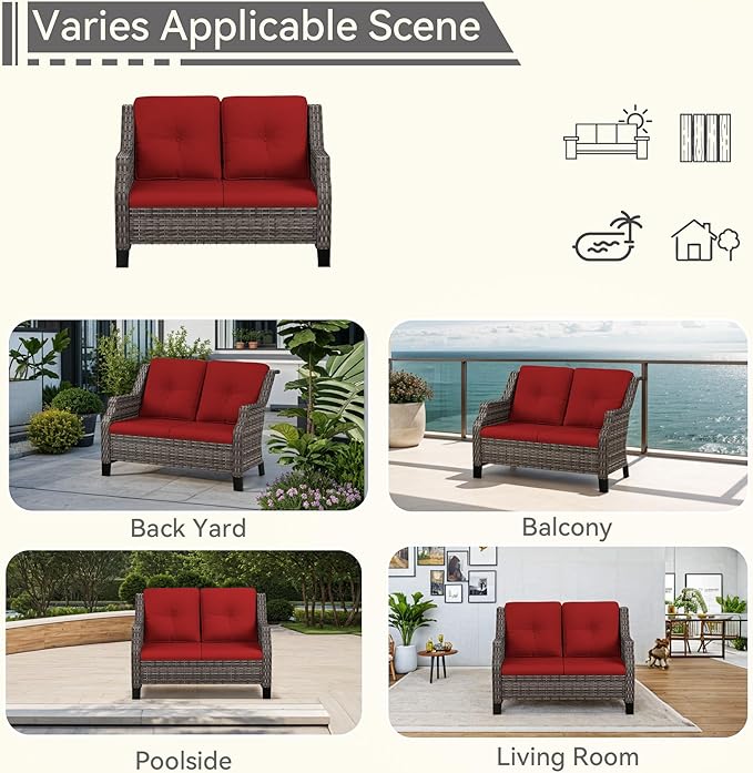 Patio Furniture Couch Outdoors, Rattan Wicker Loveseat with Deep Seating and Olefin Cushions - Photo 6