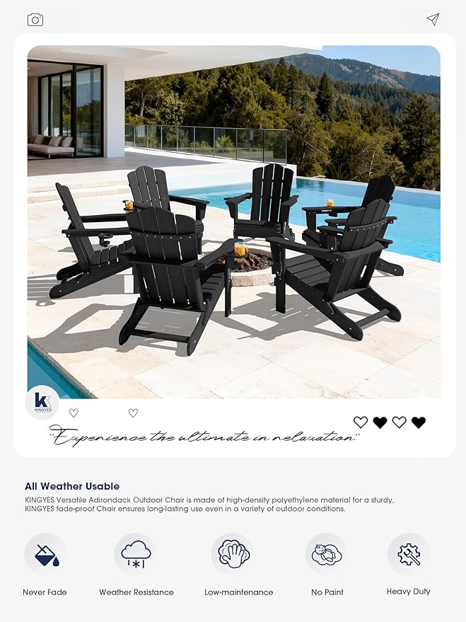 KINGYES Folding Adirondack Chair Set of 4, HDPE All-Weather Patio Chairs with Cup Holder - Photo 6