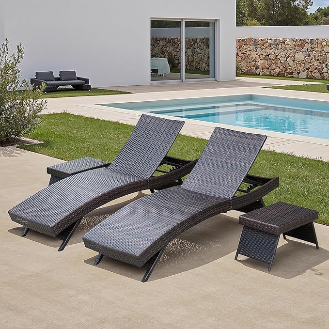 PE Rattan Foldable Backrest Chaise Lounge Set of 2 Chairs + 2 Tables, Outdoor Pool Folding Recliners and Coffee Tables - Photo 1