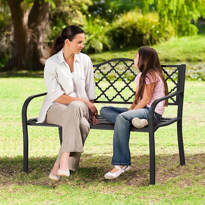Tangkula Outdoor Steel Garden Bench, Patio Park Bench w/Iron Casted Seat, Armrest & Backrest, Outdoor Welcome Bench Chair Furniture Suitable for Garden Patio Yard