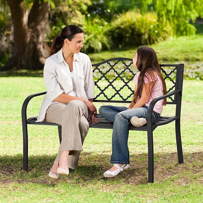 Tangkula Outdoor Steel Garden Bench, Patio Park Bench w/Iron Casted Seat, Armrest & Backrest, Outdoor Welcome Bench Chair Furniture Suitable for Garden Patio Yard