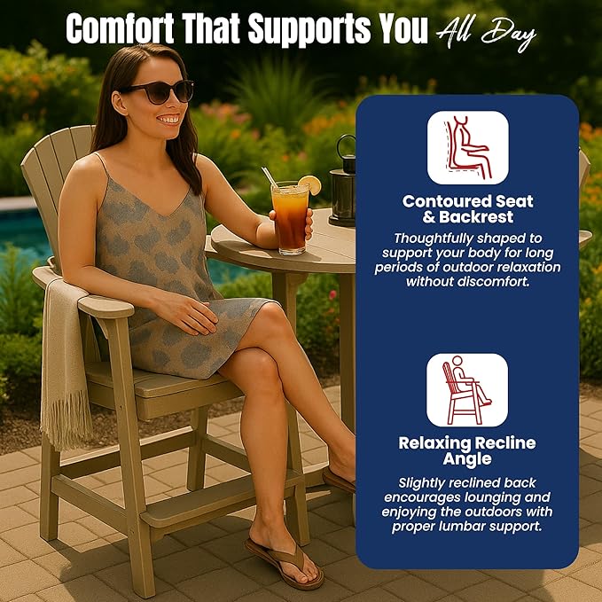 Phat Tommy Tall Adirondack Chair - HDPE Outdoor Furniture - Poly Adirondack Bar Stool - Heavy, Stress Free Furniture for Balcony, Deck, Patio, Front Porch, Weatherwood