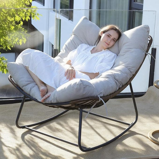 Outdoor Papasan Rocking Chair Oversized - Rocking Chair with Soft Cushion, 30° Rocker Egg Chair for Patio, Front Porch, Backyard, Living Room, Grey
