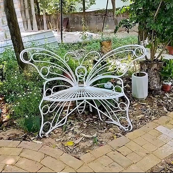 Metal Garden Bench, Outdoor Bench with Backrest, Patio Garden Bench, Hollow Out Leisure Park Bench Chair, Rustic Country Decor for Porch, Lawn(Blue)