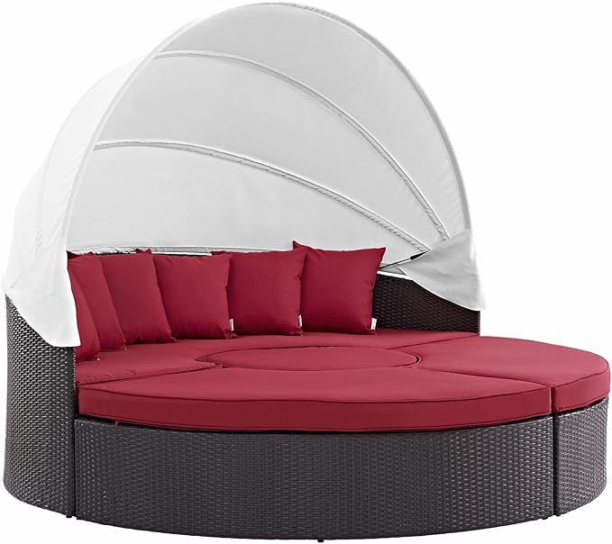 Modway Convene Wicker Rattan Outdoor Patio Retractable Canopy Round Poolside Sectional Sofa Daybed with Cushions in Espresso Red
