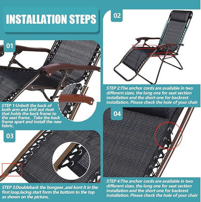 Queekay 2 Pcs Gravity Chair Replacement Fabric with 8 Bungee Cord Lounge Chair Cloth Mesh Patio Chair Repair Kit for Patio Recliner Outdoor Lawn Pool Beach Sling Chair(Black, 63" x 17")