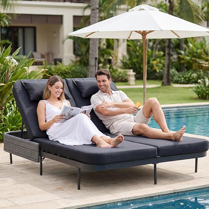 NICESOUL Double Chaise Lounge Outdoor, 51.2" Wide 2-Person Daybed with Independent Recline - Photo 3