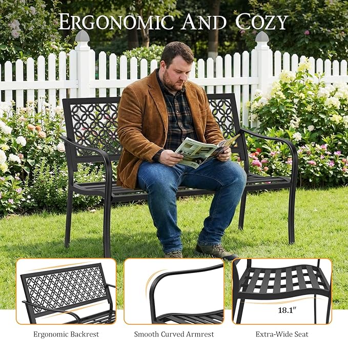 ONBRILL 50" Outdoor Bench, Garden Benches with Galvanized Metal Frame, Front Porch Bench with Floral Backrest - Photo 5