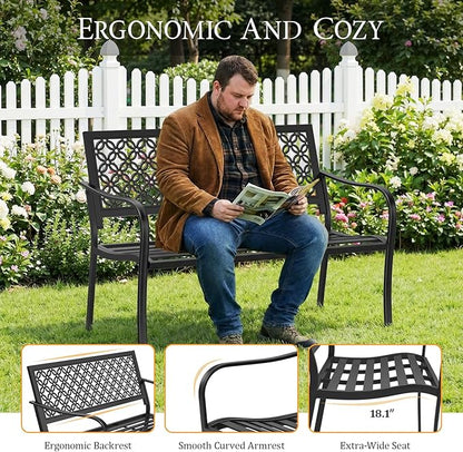 ONBRILL 50" Outdoor Bench, Garden Benches with Galvanized Metal Frame, Front Porch Bench with Floral Backrest, Patio Furniture with Adjustable Feet for Park, Yard, Lawn, Entryway, Black