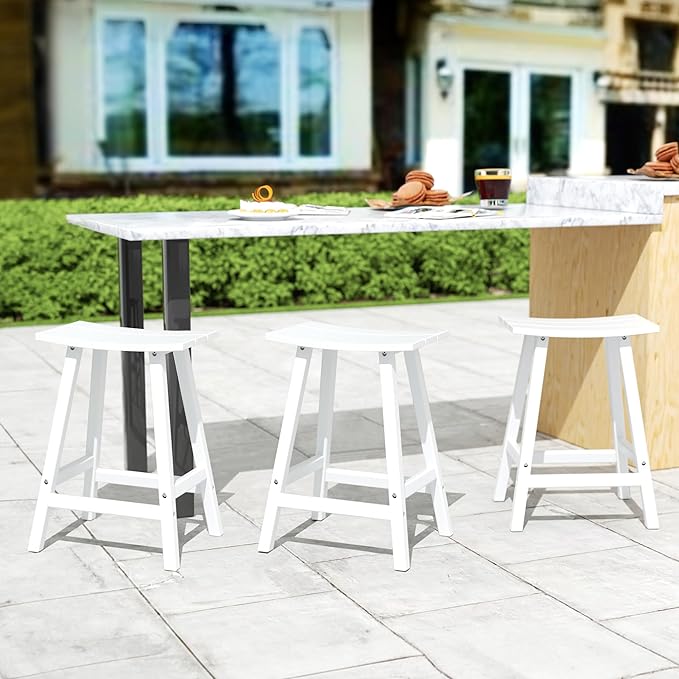 Costaelm All-Weather Bar Stools Set of 3, 24" Height Outdoor Bar Stools, Adirondack Poly Patio Bar Stool for Patio, Deck, Kitchen Counter and Garden,White
