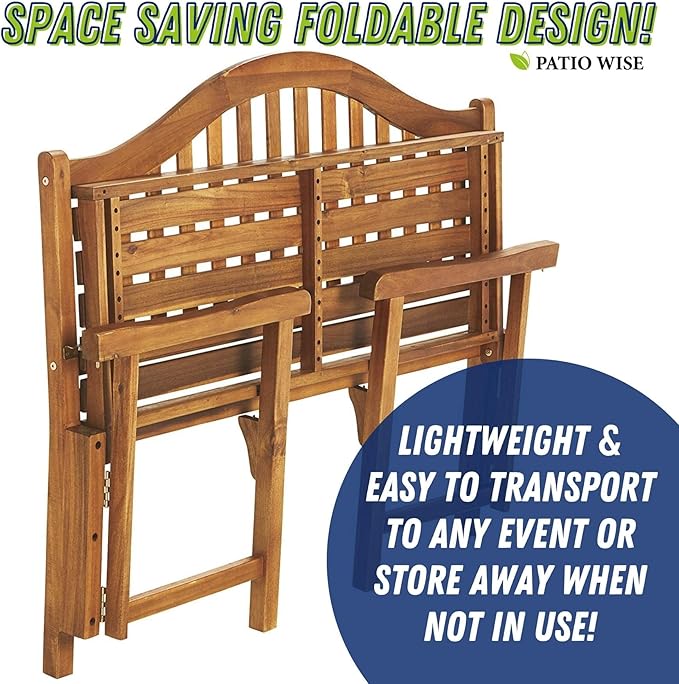 Foldable Acacia Wood Garden Bench, 4 Foot Indoor/Outdoor Wooden Porch, Patio, & Park Seating, Curved Backrest and Armrest, 48" Wide x 24-3/4" Deep x 41" High, Teak Color