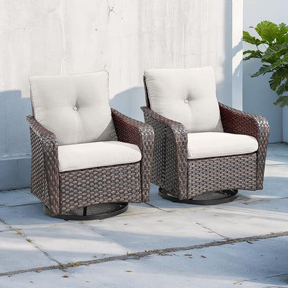 Rilyson Outdoor Patio Swivel Rocker Chairs - 2 PC Wicker Rattan Patio Rocker Glider Chair Set with High Back,Comfy Cushions and Deep Seating for Porch Deck Backyard Garden(Brown/Beige)