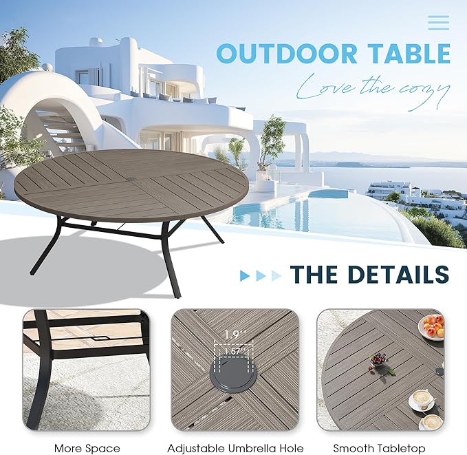 Patio Dining Table for 8-10, Round Metal Outdoor Table with Storage Shelf, 1.57" Umbrella Hole - Photo 5