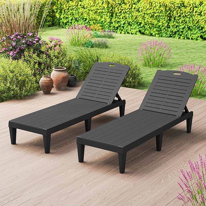 Tangkula Lounge Chair Outdoor Set of 2, Patio PP Pool Lounge Chairs with 5-Position Adjustable Backrests, Easy Assembly - Photo 2