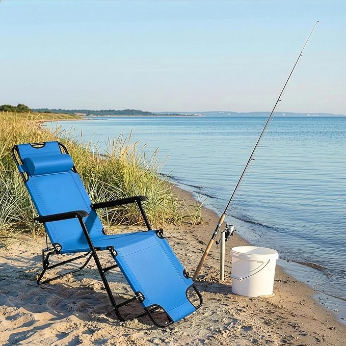 Outvita Folding Chaise Lounge Chair, Outdoor Adjustable Recliner Chair with Pillow for Camping, Beach, Poolside, Garden, Backyard, Lawn