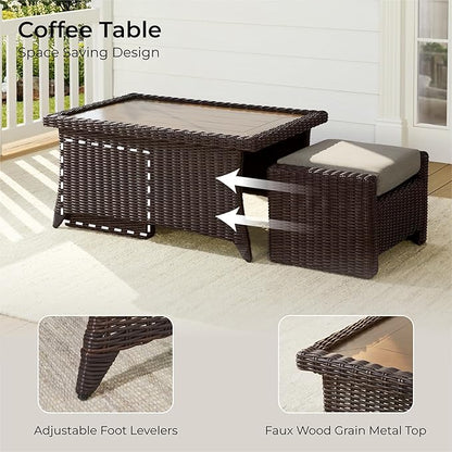 CHITA 6 Pieces Wicker Patio Furniture Set, Outdoor Conversation Set with 2 Pieces Rattan Rocking Swivel Chairs, 2 Pieces Ottomans and 3-Seater Sofa