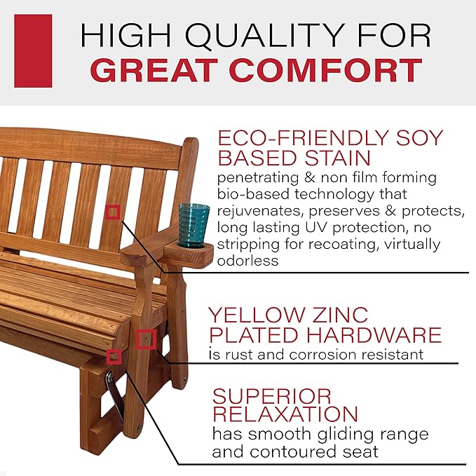 Amish Heavy Duty 800 Lb Mission Pressure Treated Porch Glider with Cupholders (4 Foot, Cedar Stain) - Photo 4