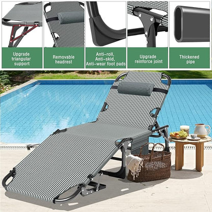 ABORON 3-in-1 Folding Patio Lounge Chair, 440LB Heavy-Duty Tri-Fold Guest Bed with Plush Cotton Cushion, No Assembly Adjustable Recliner for Office Nap, Patio Sunbathing, Poolside & Camping