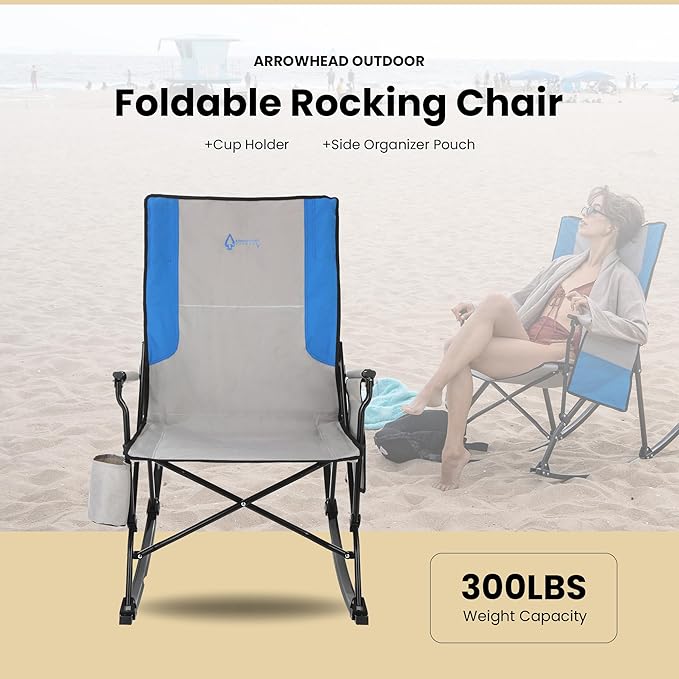 ARROWHEAD OUTDOOR 2-Pack Foldable Rocking Camp Chair with Large Cup Holder, Side Pocket, Space-Saving Folding, Enhanced Swinging Rocker for Camping, Fishing, Patio