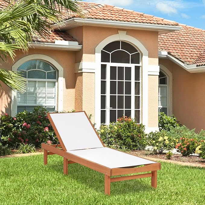 LDAILY Moccha Chaise Lounge Chair Outdoor, Patio Recliner Lounger Chair with 5 Positions Backrest, Breathable Fabric, Eucalyptus Wood Reclining Lounge Chair for Backyard, Poolside, Lawn, White