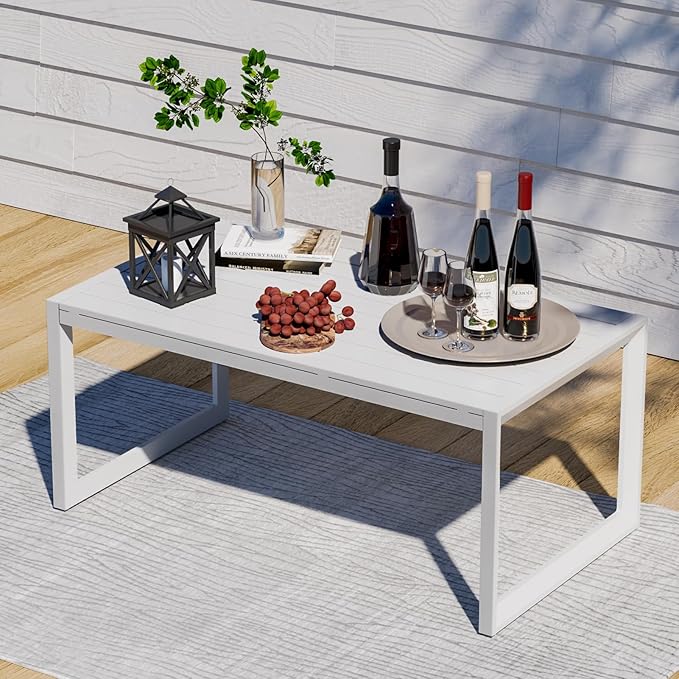 Outdoor Coffee Table, Patio Coffee Table for Outside, Rust-Proof and Water-Resistant Metal Coffee Table, Suitable for patios, Balconies, porches, and terraces (White)