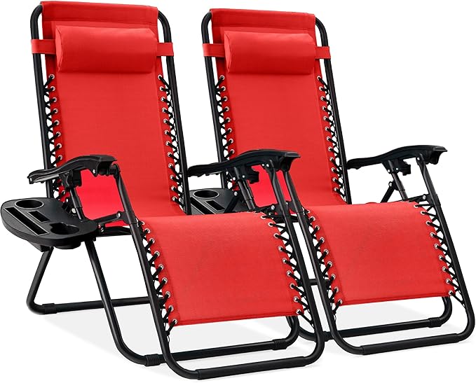 Best Choice Products Set of 2 Adjustable Steel Mesh Zero Gravity Lounge Chair Recliners w/Pillows and Cup Holder Trays - Photo 1