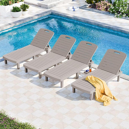 Outdoor Chaise Lounge Set of 4, 5-Position Adjustable Sun Lounge w/Pull-Out Tray, Waterproof PP Lounge Chairs for Outside, Lounge Chairs for Poolside, Patio, Beach, Yard in All Weather,Grey