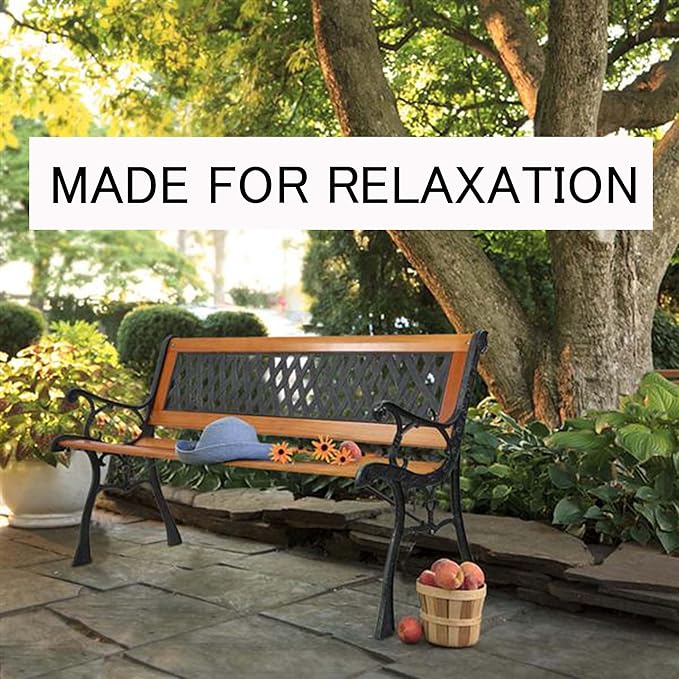 LICOME 49" Garden Bench Outdoor Bench Patio Bench,Cast Iron Metal Frame Patio Park Bench with Floral Pattern Backrest,Arch Legs for Porch,Lawn,Yard(Style2)