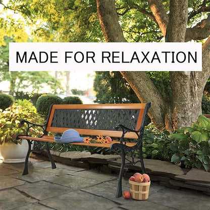 LICOME 49" Garden Bench Outdoor Bench Patio Bench,Cast Iron Metal Frame Patio Park Bench with Floral Pattern Backrest,Arch Legs for Porch,Lawn,Yard(Style2)