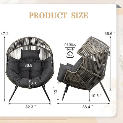 Vongrasig Wicker Egg Chair PE Rattan Chair with Cushion, Oversized Patio Lounge Chair for Outdoor, Indoor, Balcony, Backyard, Garden, Living Room, (Black/Rattan)