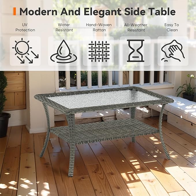 Outdoor Coffee Table - Patio Rattan Wicker Coffee Table with Tempered Glass Top and 2-Tier Storage Outdoor Table for - Photo 5