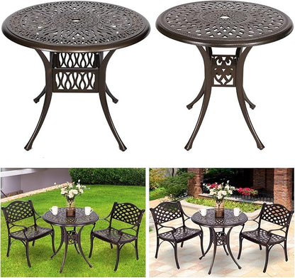 YUSING 35.4" Outdoor Dining Table,Patio Cast Aluminum Table,Furniture Set,Bistro Round Table with 2" Umbrella Hole for Kitchen,Garden,Yard