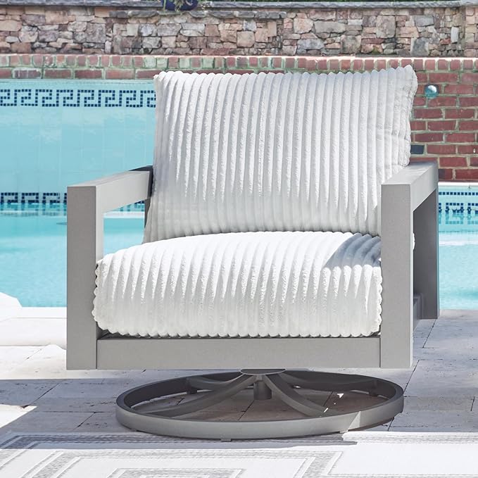 Signature Design by Ashley Moonlight View Contemporary Nuvella Weather Resistant Fabric Outdoor Swivel Chair with Zippered Removable Cushions, Light Gray & Beige