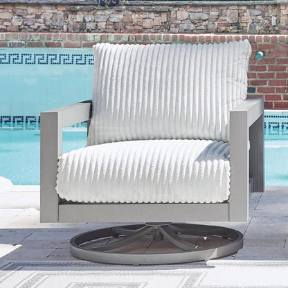 Signature Design by Ashley Moonlight View Contemporary Nuvella Weather Resistant Fabric Outdoor Swivel Chair with Zippered Removable Cushions, Light Gray & Beige