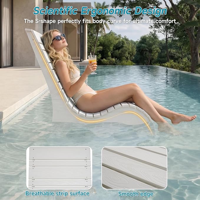 Pool Lounge Chairs Set of 2 for Baja Shelf, Ergonomic S-Contour Pool Lounger for Ultimate Comfort, HDPS Non-Absorbent Material Pool Chairs with Unique M-Shape Base Anti-Float for Patio (White)