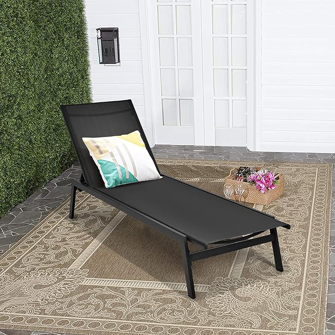 COSTWAY Patio Lounge Chair Outdoor, 6-Position Backrest Adjustable Pool Lounger, Metal Frame & Breathable Fabric - Photo 1