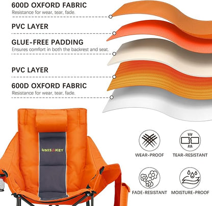 Oversized Rocking Camping Chair with Headrest & Cup Holder - 400lbs Capacity, 600D Oxford Fabric, Easy Fold Portable Outdoor Rocker Chair for Camping, Backyard, Beach, Orange