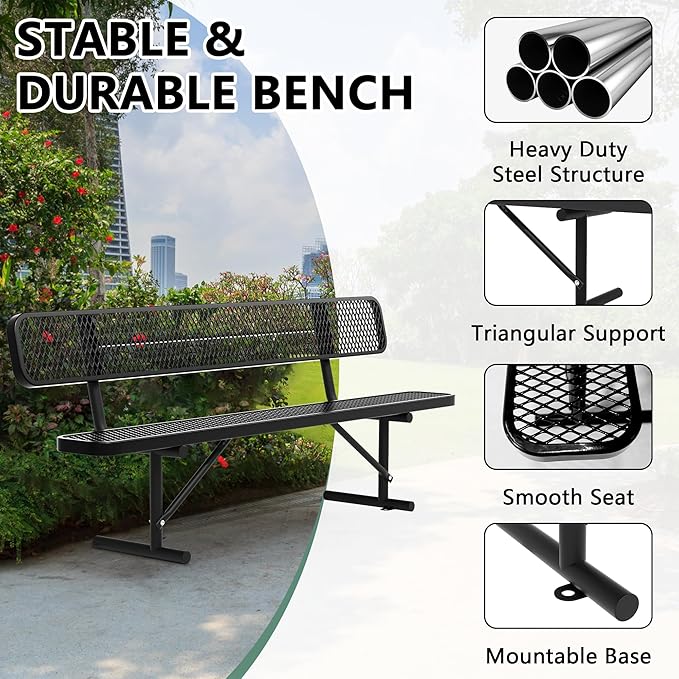 96" Metal Park Benches for Outside - Black Outdoor Benches Heavy Duty Garden Weatherproof Bench with Backrest, Buddy Bench for Schools,Commercial Benches for Shopping Mall, Store, Yard, Patio