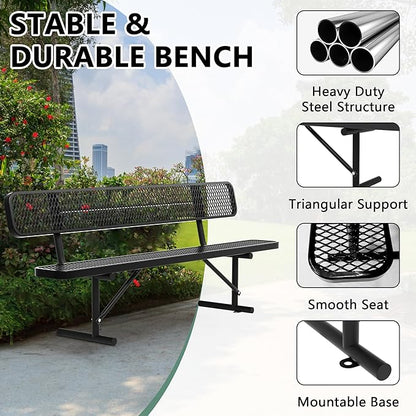 96" Metal Park Benches for Outside - Black Outdoor Benches Heavy Duty Garden Weatherproof Bench with Backrest, Buddy Bench for Schools,Commercial Benches for Shopping Mall, Store, Yard, Patio