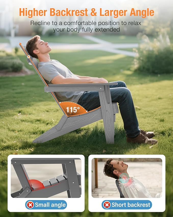 YEFU Adirondack Chairs Oversize Folding :400lb Weight Capacity - Plastic Adirondack Chairs - High Back Modern Like Wooden - All-Weather Use for Outdoor/Patio/Fire Pit/Garden/Camping - (Grey)