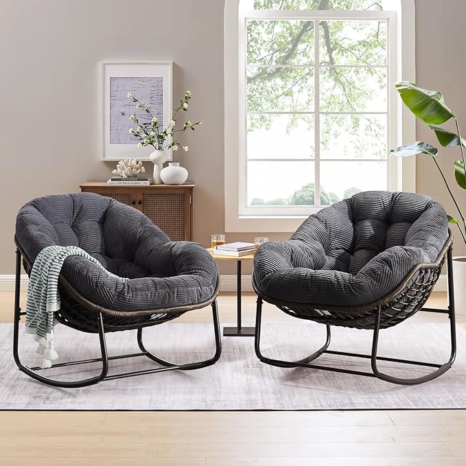 Large Indoor Rocking Chair, Oversized Rocking Papasan Chair with Thick Cushion & Frame, Comfy Corduroy Rocker Wicker Egg Chairs Lounge Reading Chair for Living Room, Bedroom, Apartment, Charcoal Grey