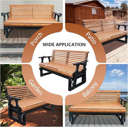 3-Seater Outdoor Glider Chair, 5FT Wood Porch Glider with High Roll Back, Cupholders and Deep Contoured for Porch, Garden, Brown and Dark Grey