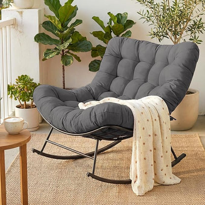 Cushioned Rocking Papasan Chair for Outdoor Indoor, Oversized Outdoor Rocking Chair with Cushion, Egg Rocker for Patio, Porch, Balcony, Lawn, Bedroom, Living Room, Gray