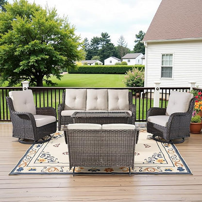 Belord 5 Piece Outdoor Wicker Furniture, Patio Swivel Rocking Chairs with Loveseat and 3 Seat Sofa,All Weather Patio Conversation Furniture Set, for Backyard Poolside Brown Wicker/Beige