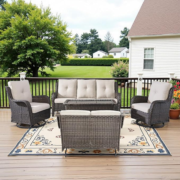 Belord 5 Piece Outdoor Wicker Furniture, Patio Swivel Rocking Chairs with Loveseat and 3 Seat Sofa - Photo 1